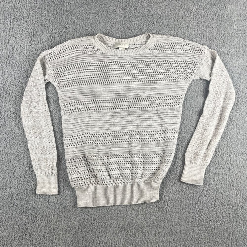 Loft Women's Small Light Gray Open Knit Crewneck Long Sleeve Sweater